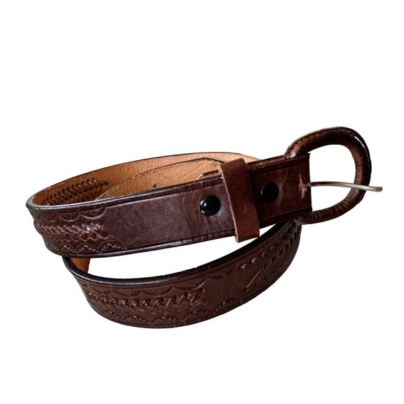 Vintage Leather Belt Size Medium Woven Tooled Waist Buckle Adjustable Brown - Picture 1 of 9